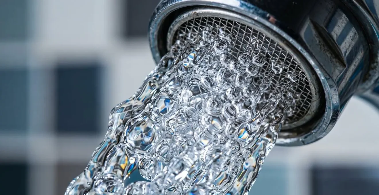 Vue macro d'un aérateur de robinet montrant l'effet Venturi et le mélange air-eau