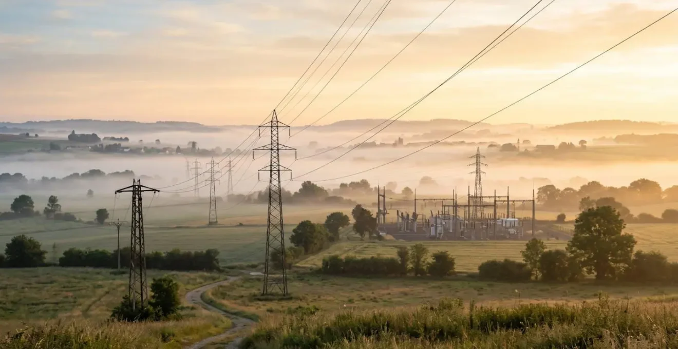Infrastructure réseau électrique français avec pylônes et transformateurs au lever du soleil