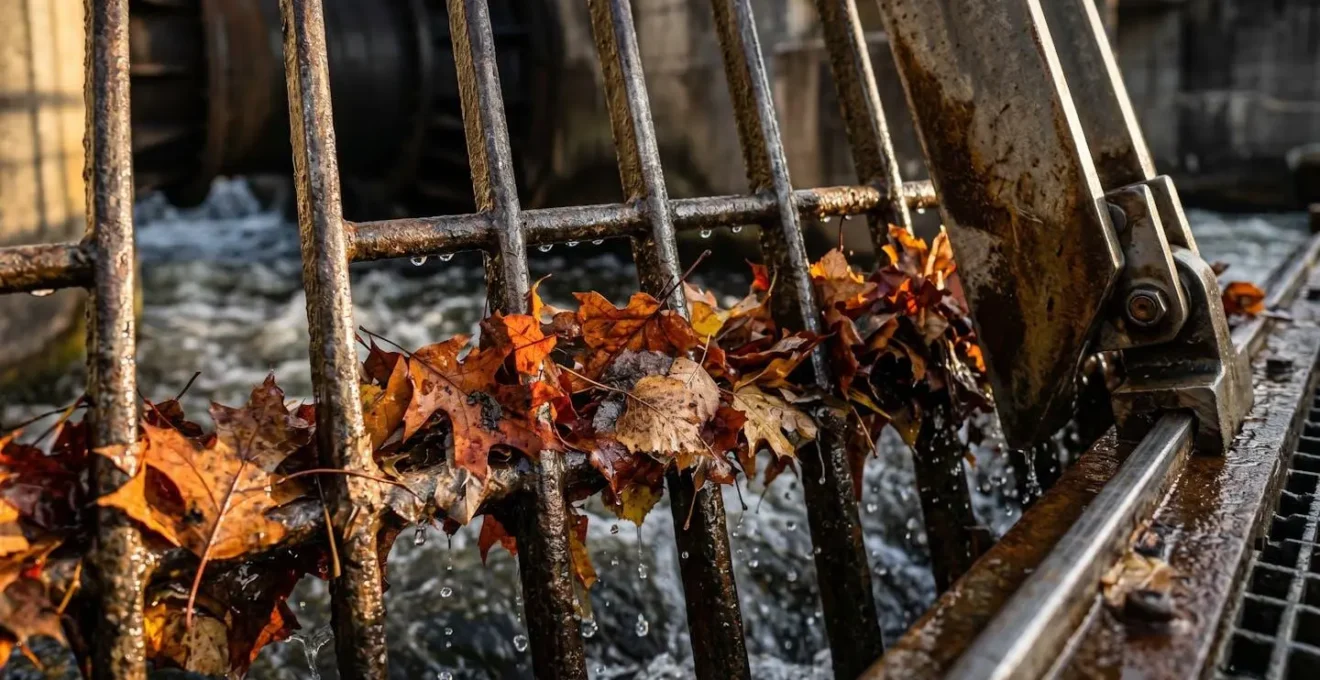 Gros plan sur un système de dégrilleur automatique avec accumulation de feuilles d'automne