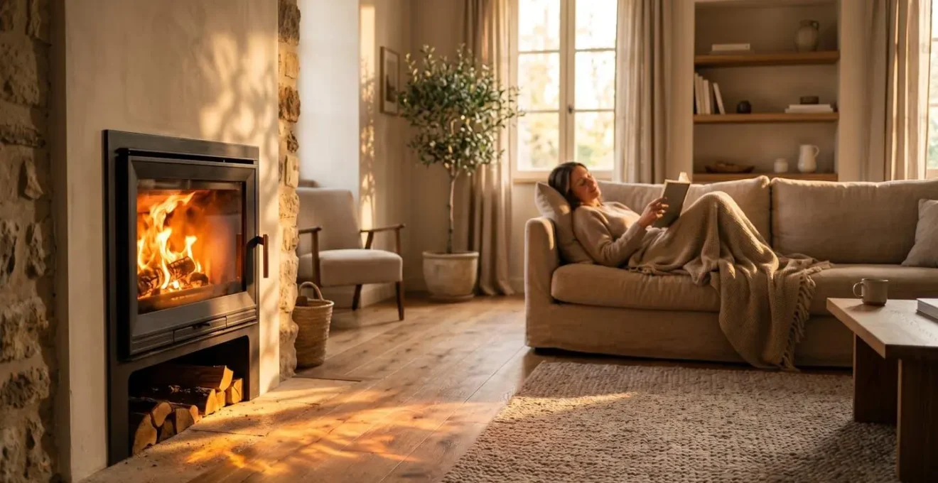 Insert à bois moderne diffusant une chaleur douce dans un salon contemporain