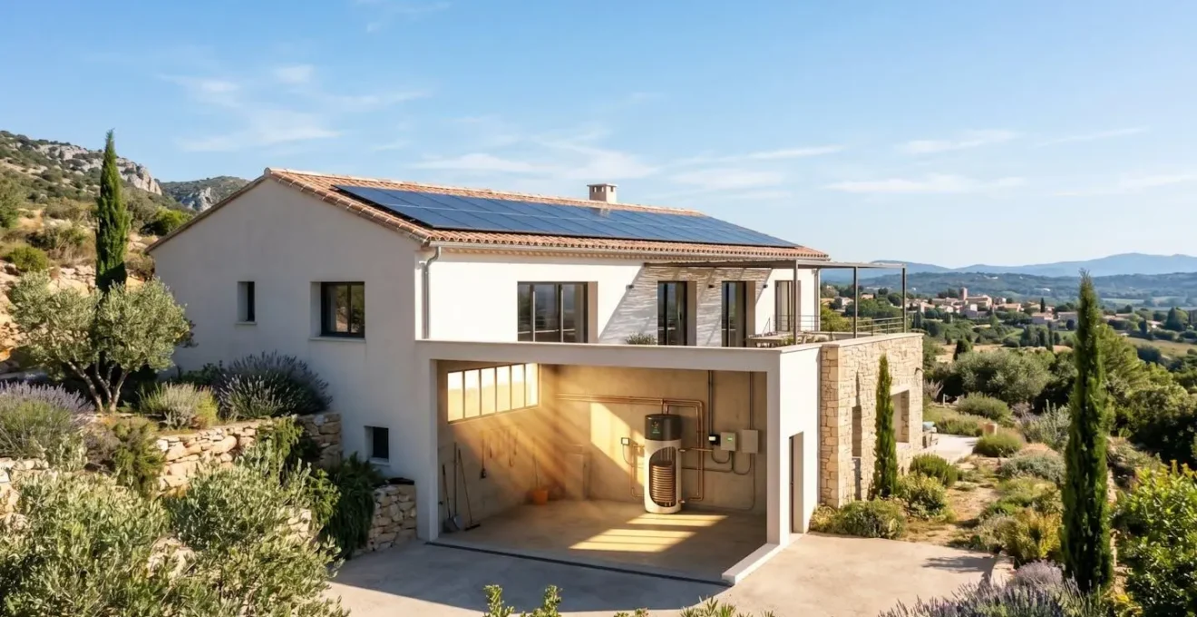Vue d'ensemble d'une maison avec panneaux solaires et ballon thermodynamique en fonctionnement