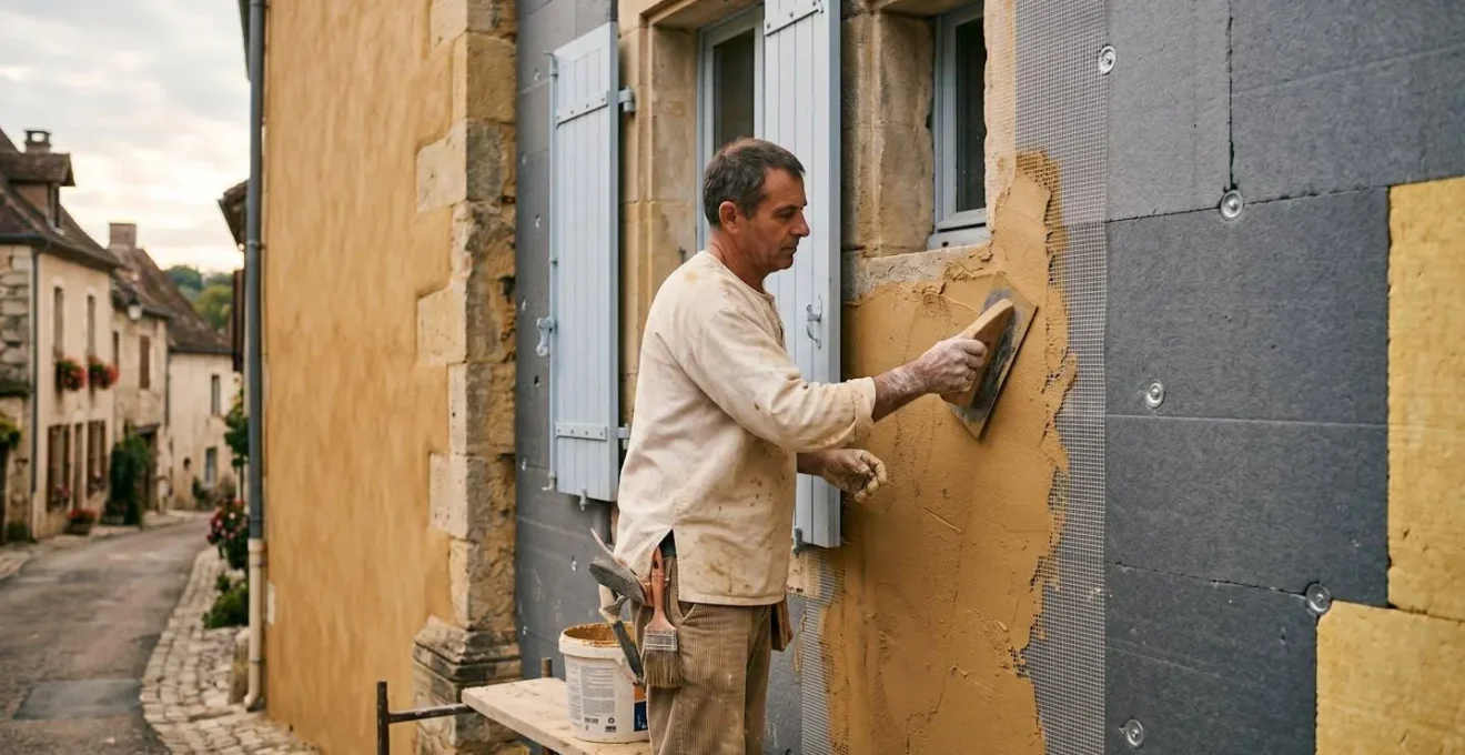 Maison française avec isolation par l'extérieur montrant différentes finitions d'enduit respectueuses du patrimoine architectural