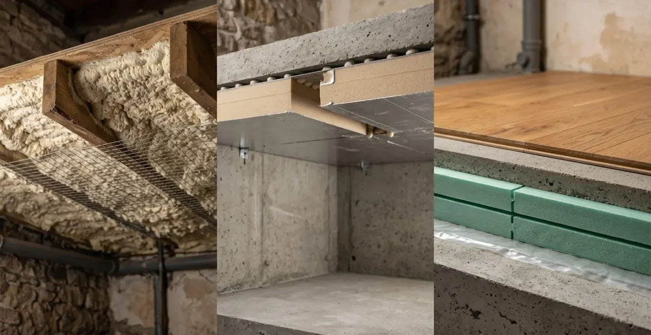 Vue en coupe d'un plancher bas isolé montrant les différentes techniques selon la configuration du sous-sol