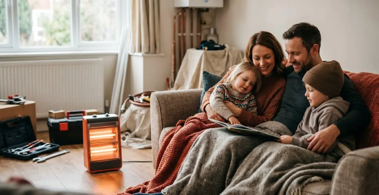 Salon avec radiateur électrique d'appoint et famille confortable pendant travaux de chauffage