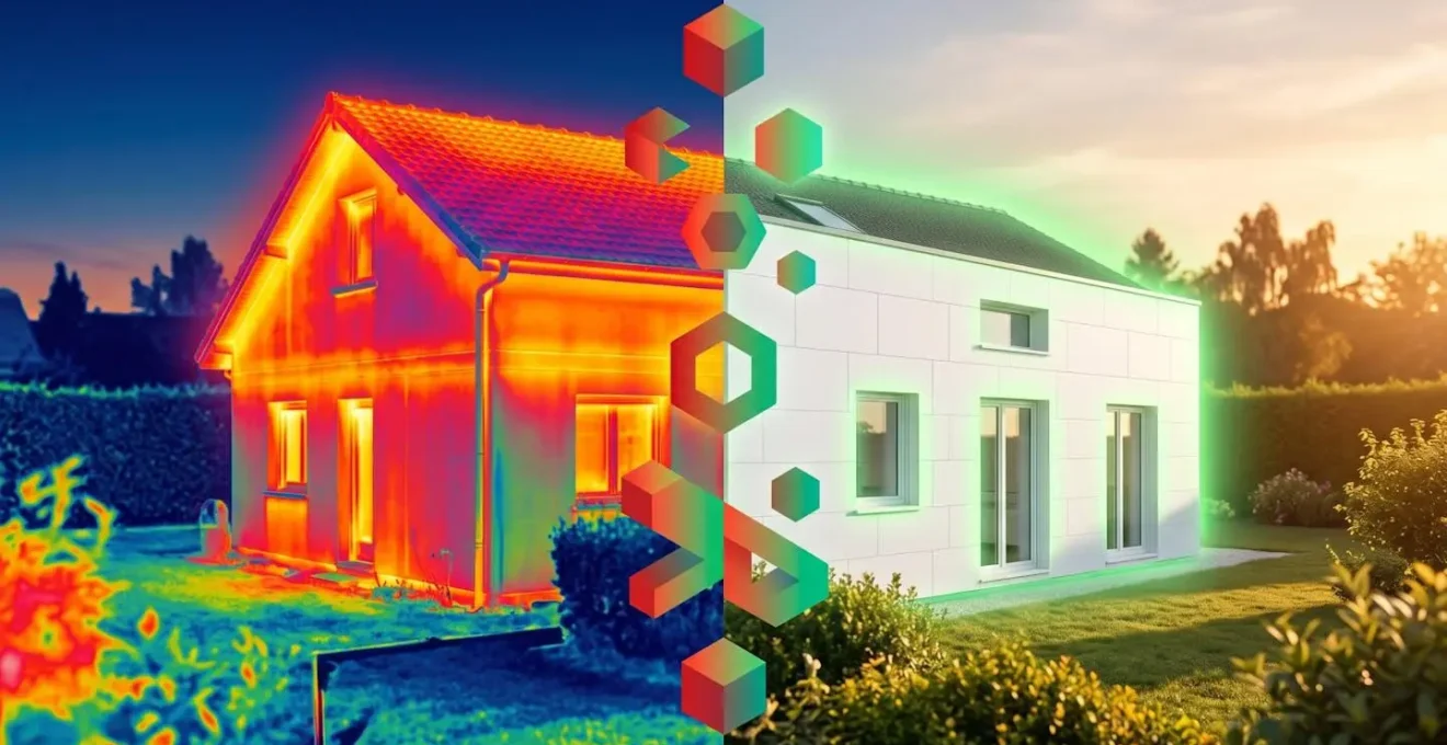 Vue comparative d'une maison montrant la transformation énergétique de classe F à classe C