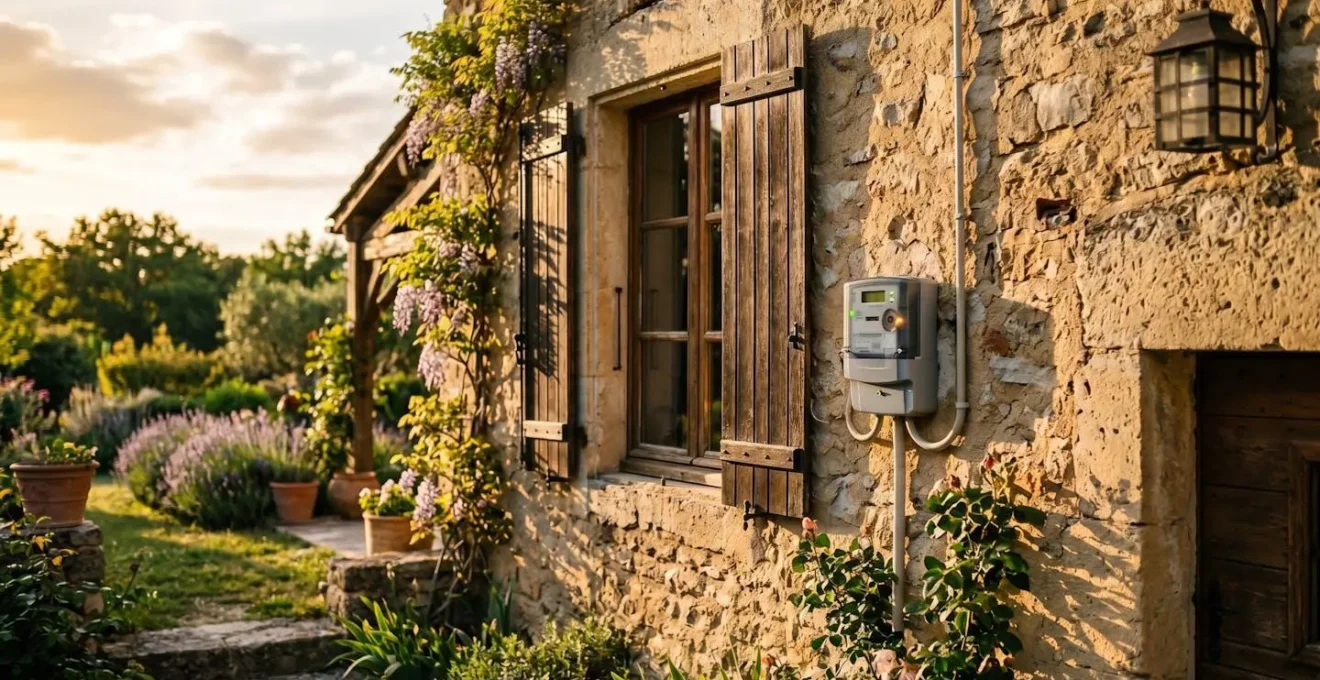 Maison de vacances française traditionnelle photographiée en fin d'après-midi avec un compteur intelligent visible sur le mur extérieur, entourée d'un jardin paisible.