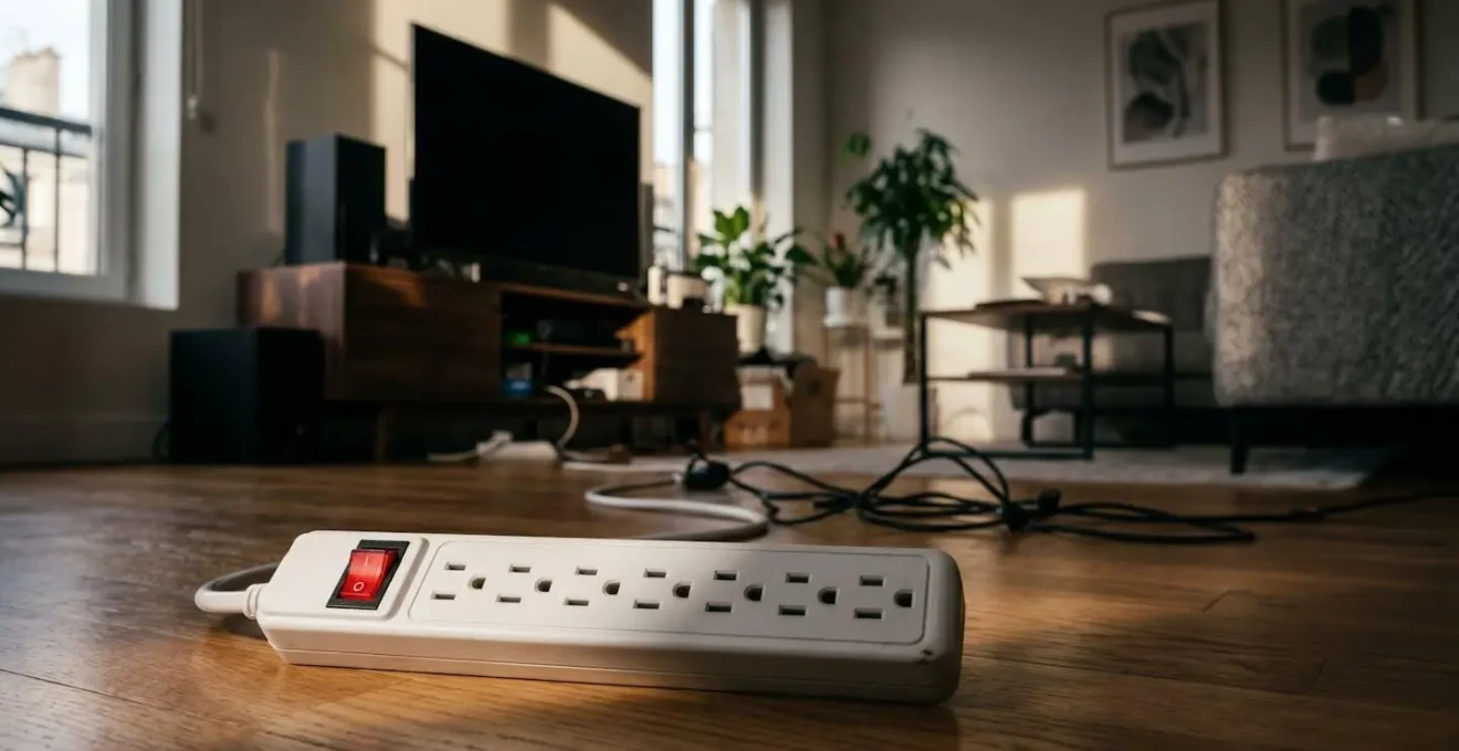 Multiprise avec interrupteur rouge dans un salon moderne français avec télévision et équipements électroniques en arrière-plan