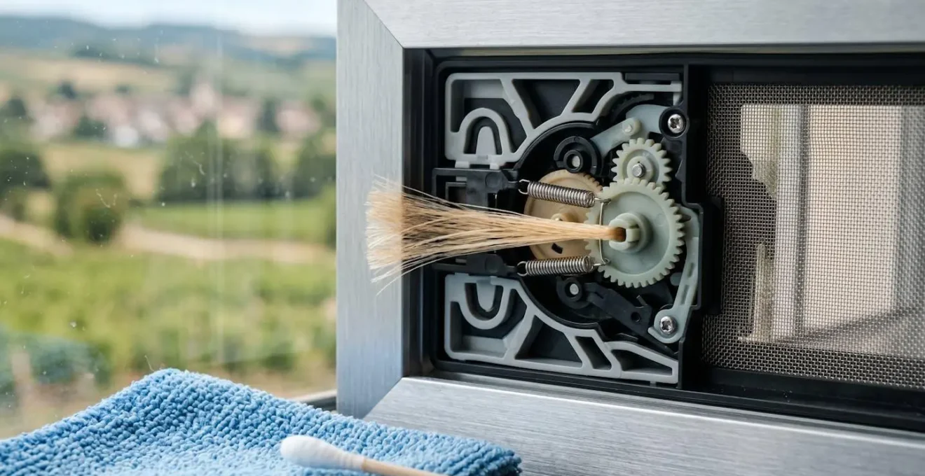 Détail macro d'une entrée d'air hygroréglable sur fenêtre avec mécanisme visible