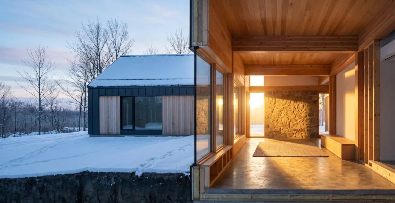 Coupe architecturale d'une maison montrant les apports solaires hivernaux