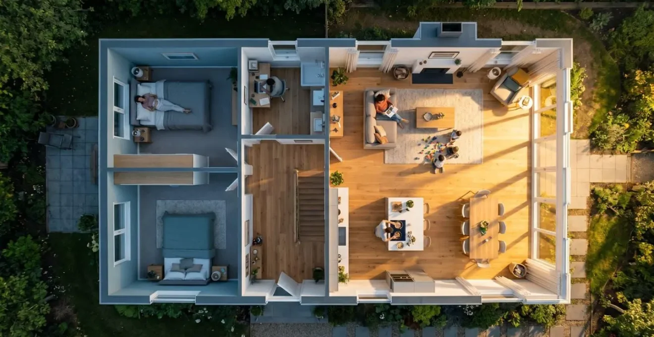 Vue aérienne d'une maison montrant le zonage thermique et l'orientation des pièces