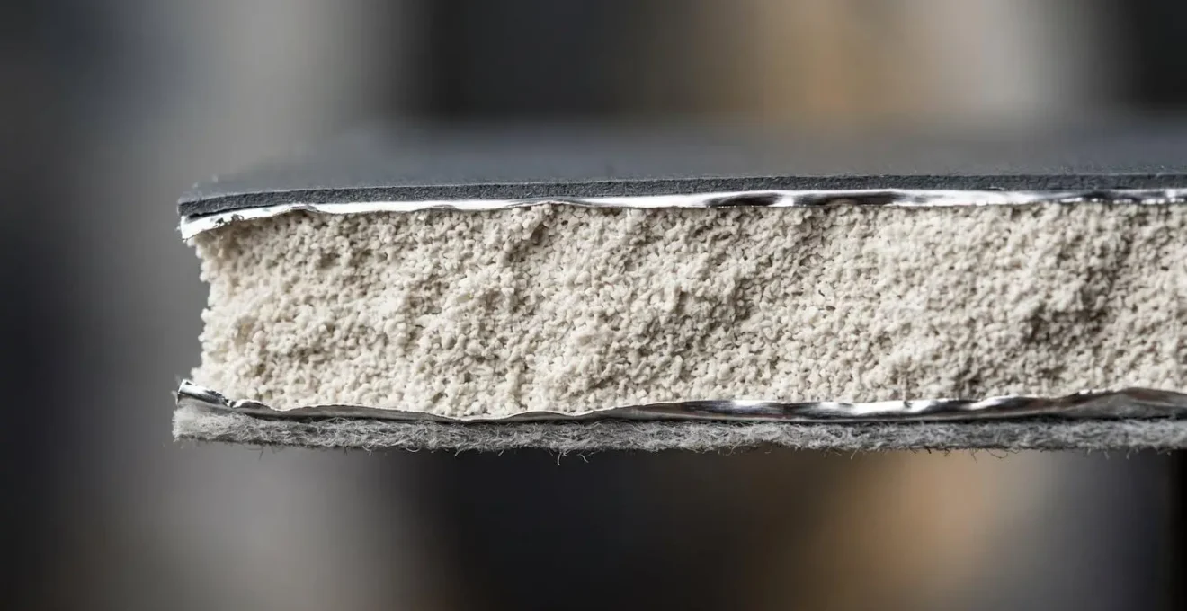 Coupe technique d'un panneau isolant sous vide montrant sa structure multicouche