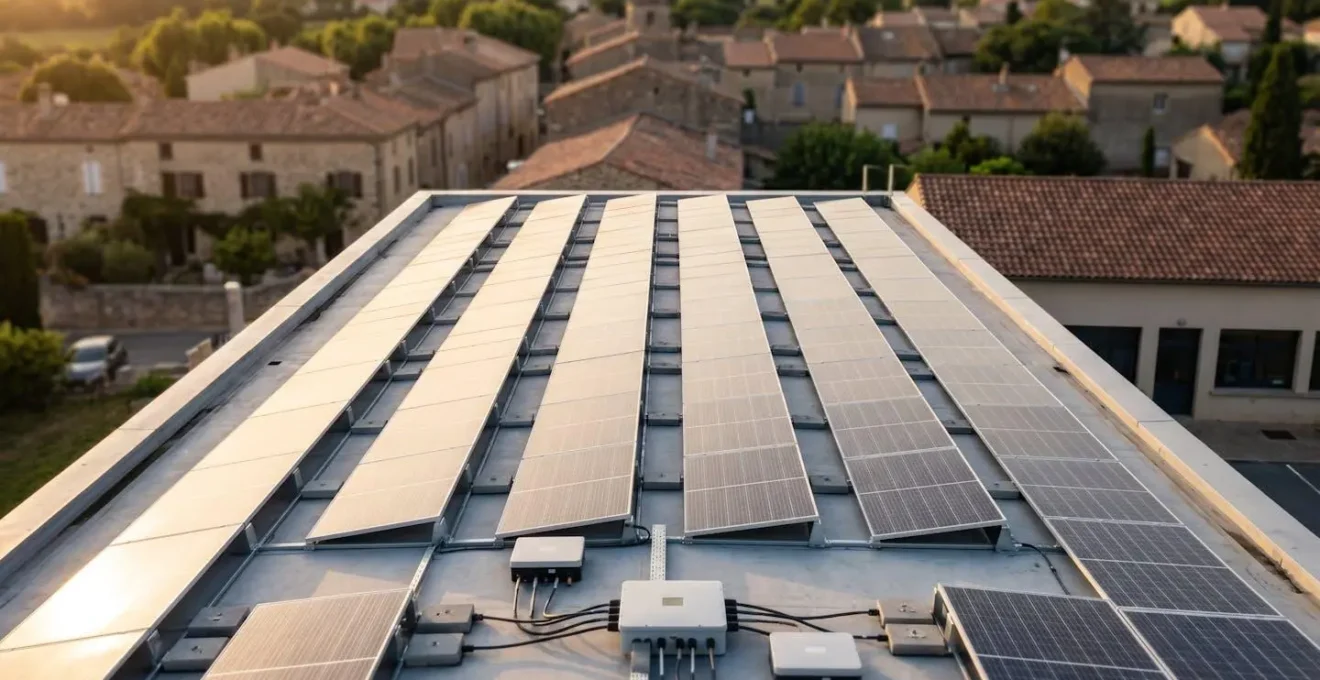 Toiture d'une école française équipée de panneaux photovoltaïques avec des maisons du quartier en arrière-plan