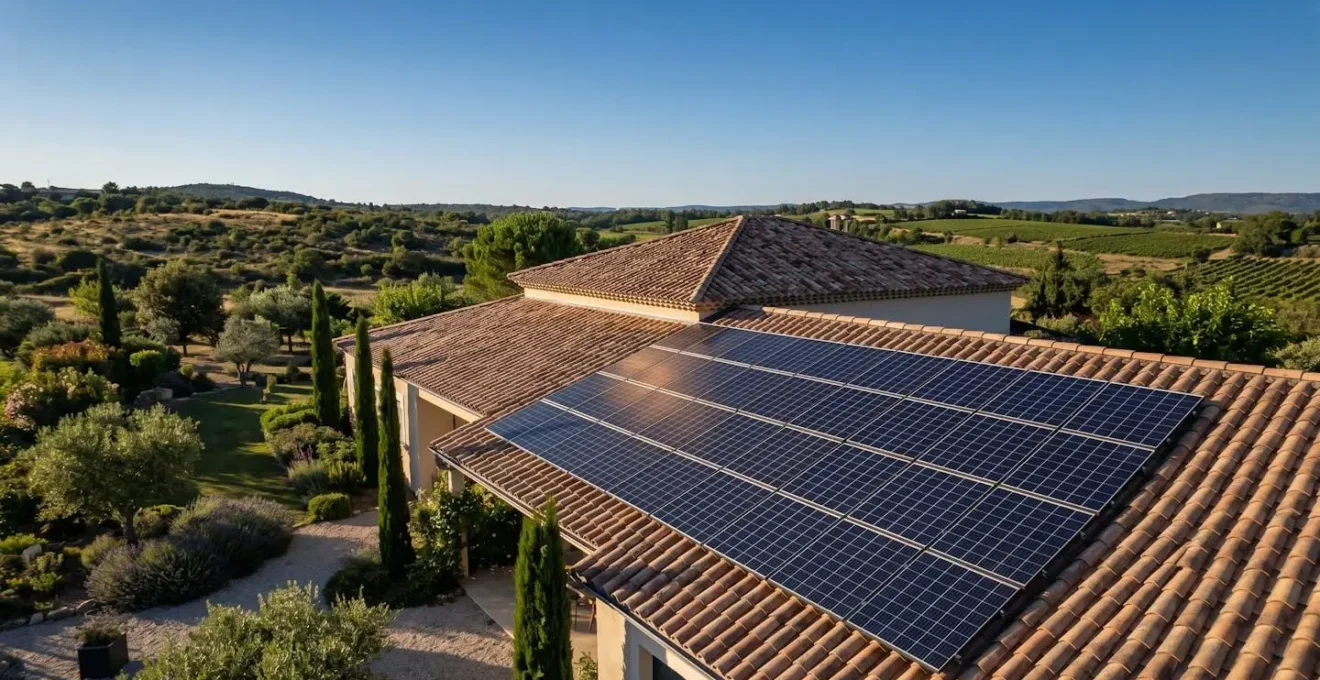 Vue aérienne de panneaux photovoltaïques sur le toit d'une maison, produisant de l'énergie en journée