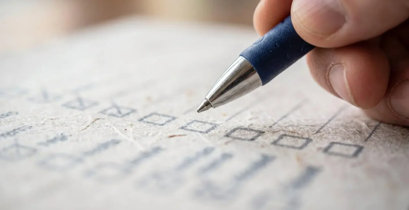 Vue macro d'une main tenant un stylo au-dessus d'un document avec des cases à cocher floues en arrière-plan