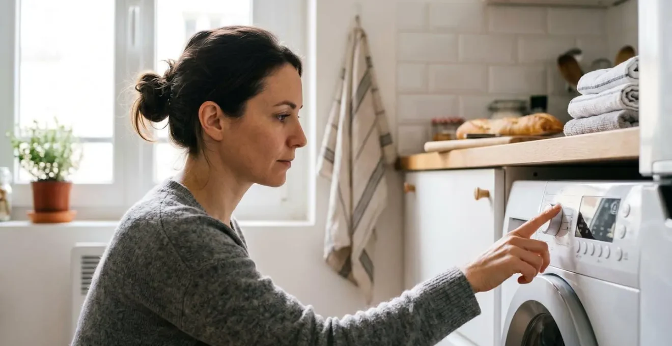 Personne réglant le départ différé d'un lave-linge dans une cuisine française moderne