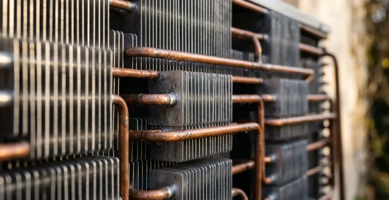 Vue macro détaillée d'une pompe à chaleur moderne installée sur le mur d'une maison française