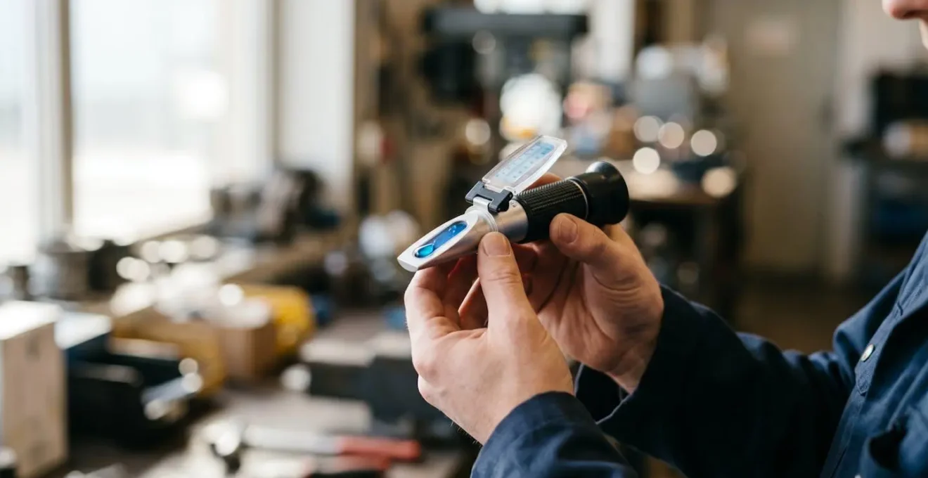 Main utilisant un réfractomètre pour tester la concentration de glycol dans un système solaire thermique
