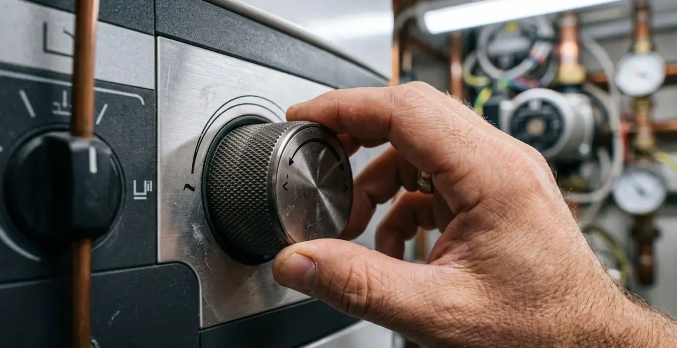 Main ajustant la courbe de chauffe sur le panneau de commande d'une chaudière à condensation moderne