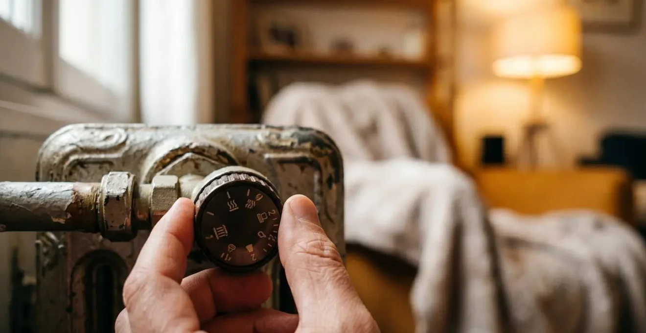 Main ajustant une tête thermostatique sur un radiateur dans un intérieur français