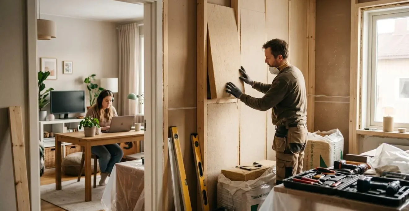 Artisan isolant des murs intérieurs pendant que le locataire travaille dans la pièce adjacente