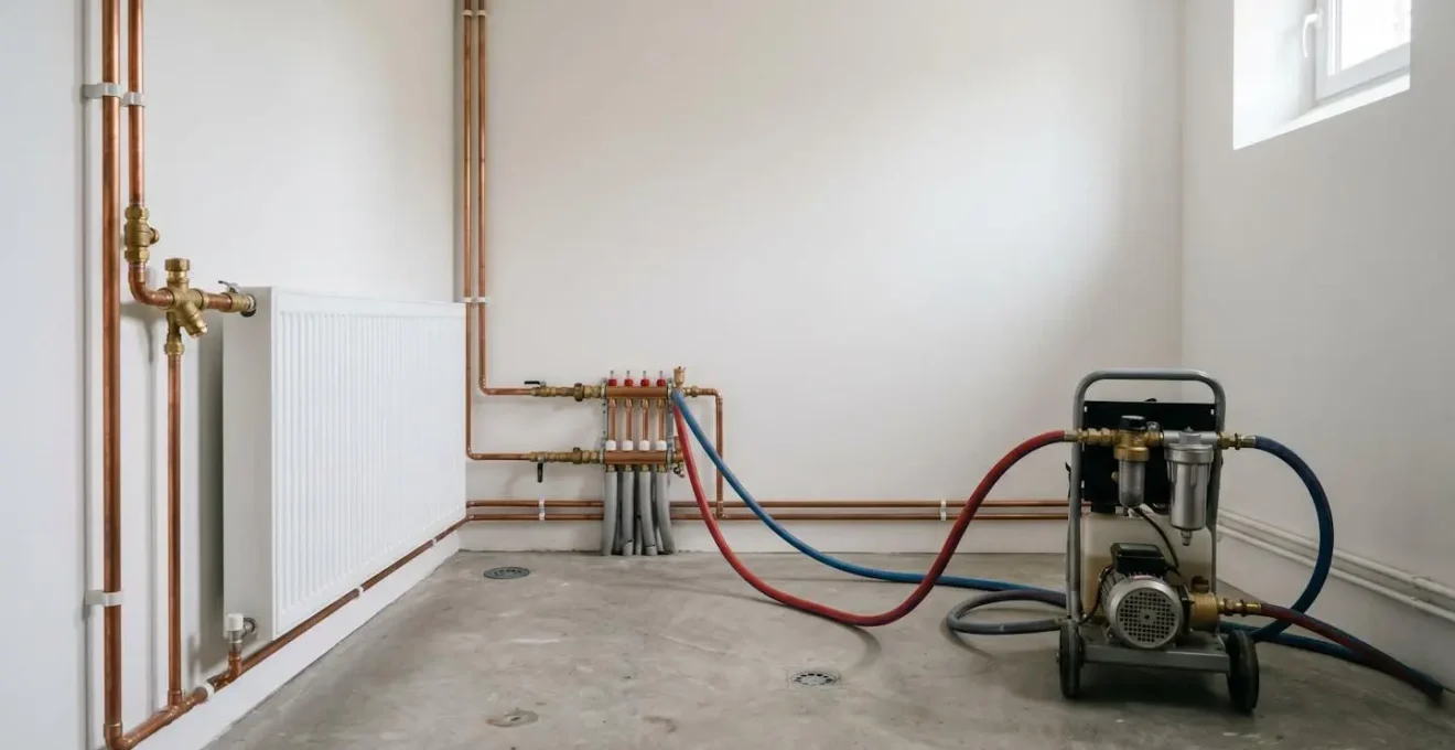 Système de radiateurs en cours de désembouage montrant la circulation de l'eau propre