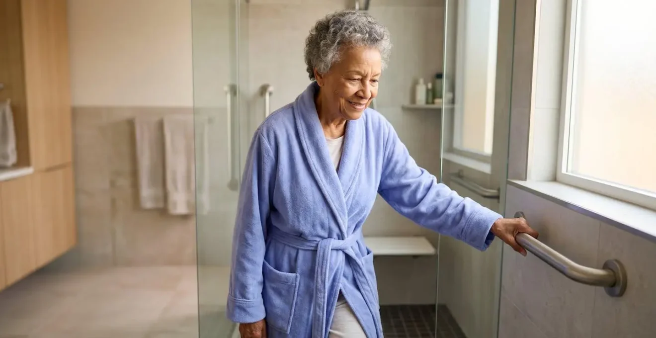 Salle de bain moderne avec douche de plain-pied accessible aux personnes à mobilité réduite