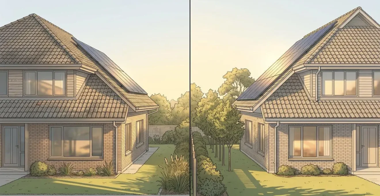 Vue aérienne montrant l'orientation optimale de panneaux solaires pour minimiser les reflets vers les propriétés voisines
