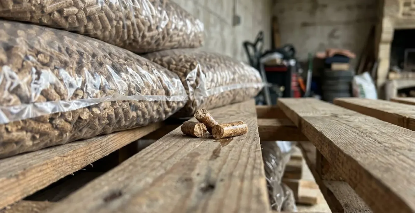 Système de stockage de granulés surélevé sur palettes dans un garage avec protection contre l'humidité