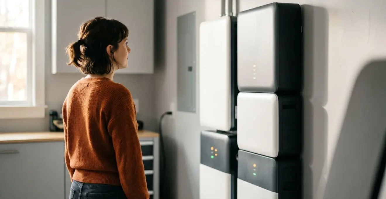Installation de batteries lithium-ion dans un local technique avec onduleur et système de monitoring pour éolienne domestique