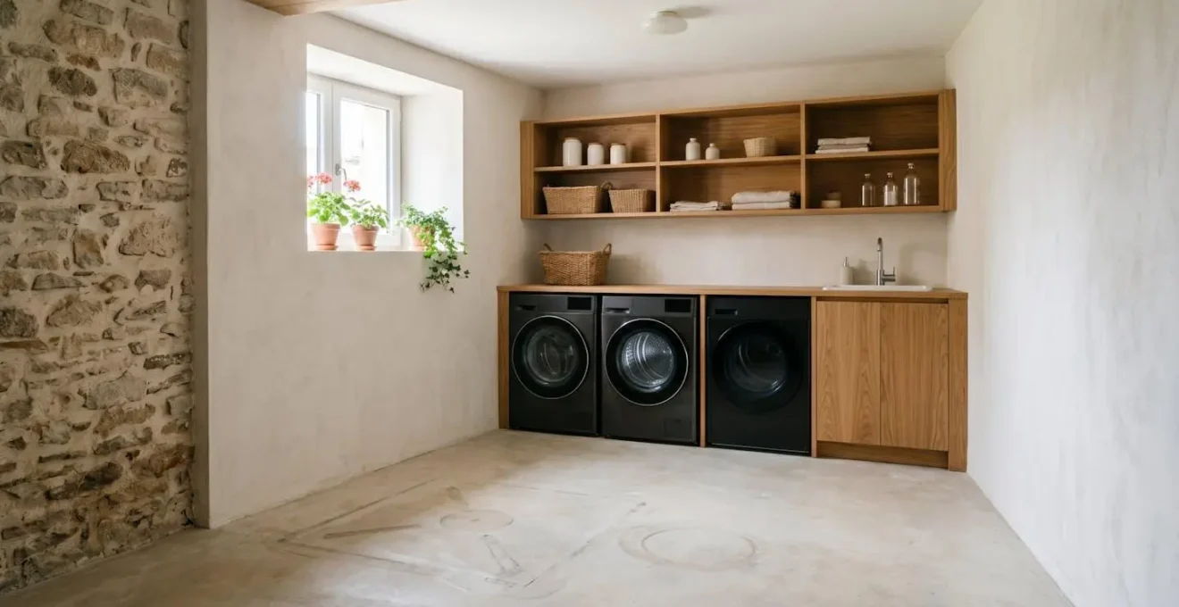 Vue d'ensemble d'un sous-sol avec espace libéré après enlèvement de cuve transformé en buanderie moderne