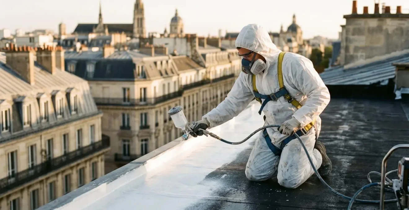 Vue aérienne de toitures urbaines avec revêtement thermoréfléctif blanc