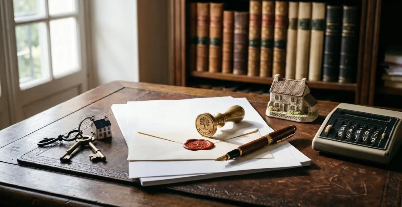 Bureau de notaire avec documents de vente immobilière et calculatrice, ambiance professionnelle
