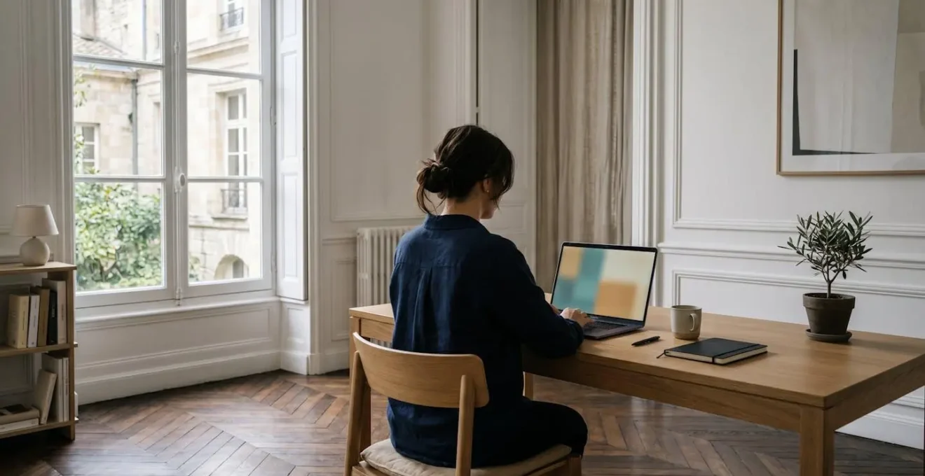 Personne consultant l'annuaire des artisans RGE sur un ordinateur dans un bureau lumineux