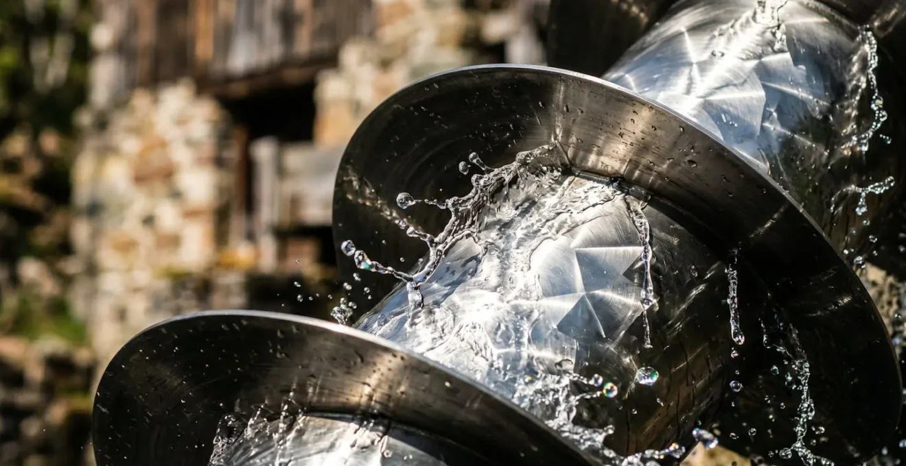Gros plan sur une vis d'Archimède moderne installée dans un moulin avec eau s'écoulant