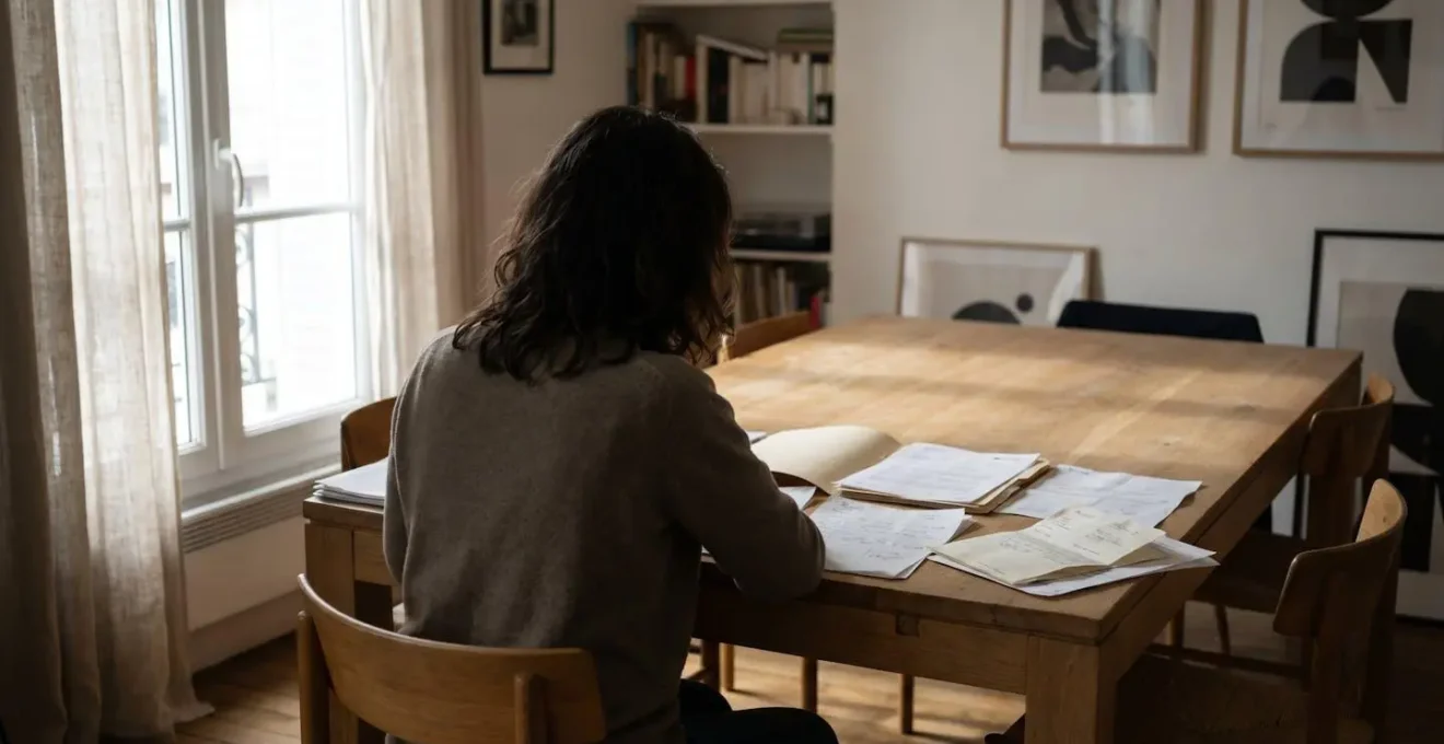 Personne de dos assise à une table contemporaine, consultant plusieurs documents de crédit immobilier et devis de travaux étalés devant elle, intérieur résidentiel avec lumière naturelle latérale
