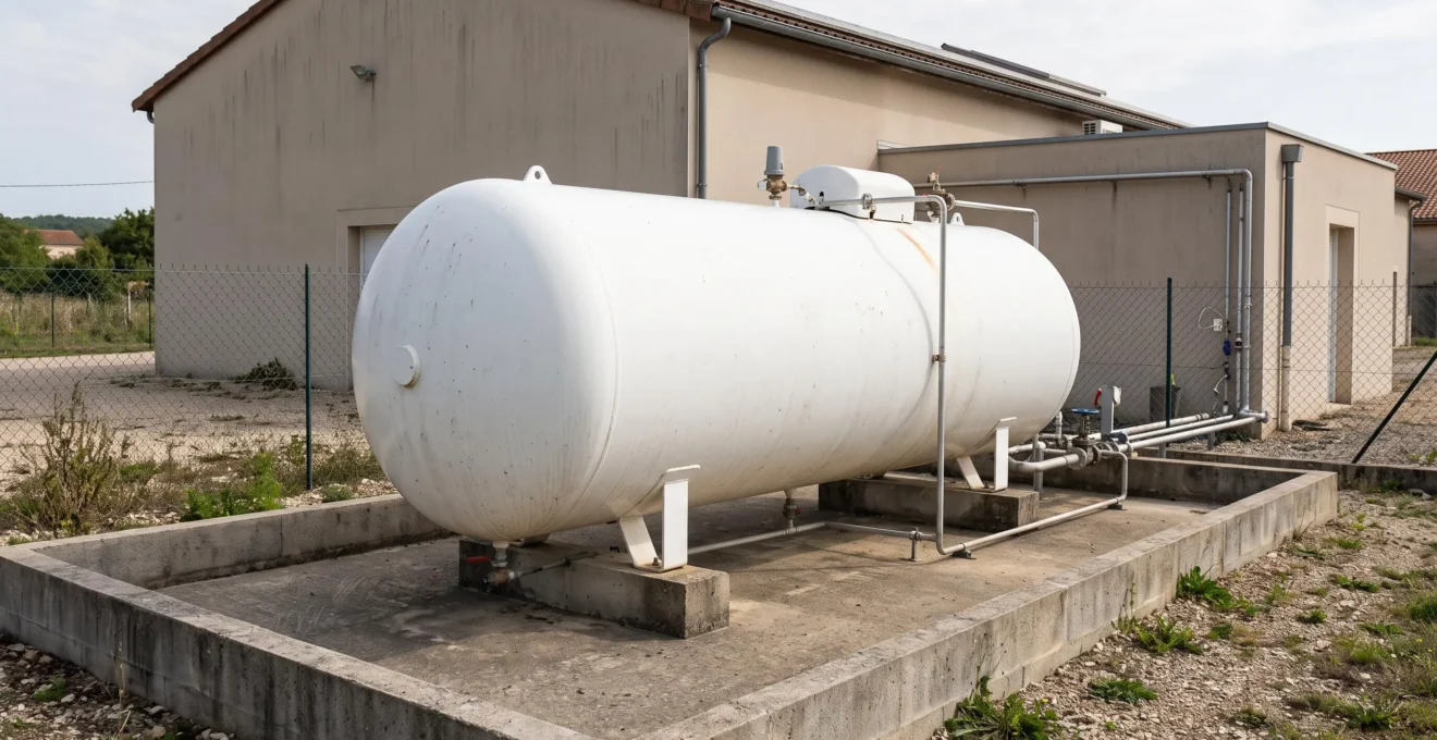 Citerne de gaz propane cylindrique blanche installée à l'extérieur d'un bâtiment commercial en France