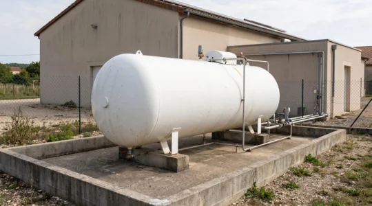 Citerne de gaz propane cylindrique blanche installée à l'extérieur d'un bâtiment commercial en France