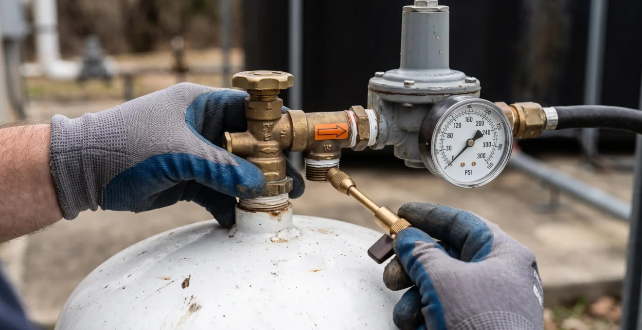 Mains d'un technicien en gants inspectant le manomètre et les vannes d'une installation de citerne de propane