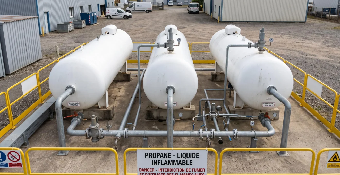 Installation de plusieurs citernes de propane blanches interconnectées avec système de tuyauterie et équipements de régulation sur dalle bétonnée