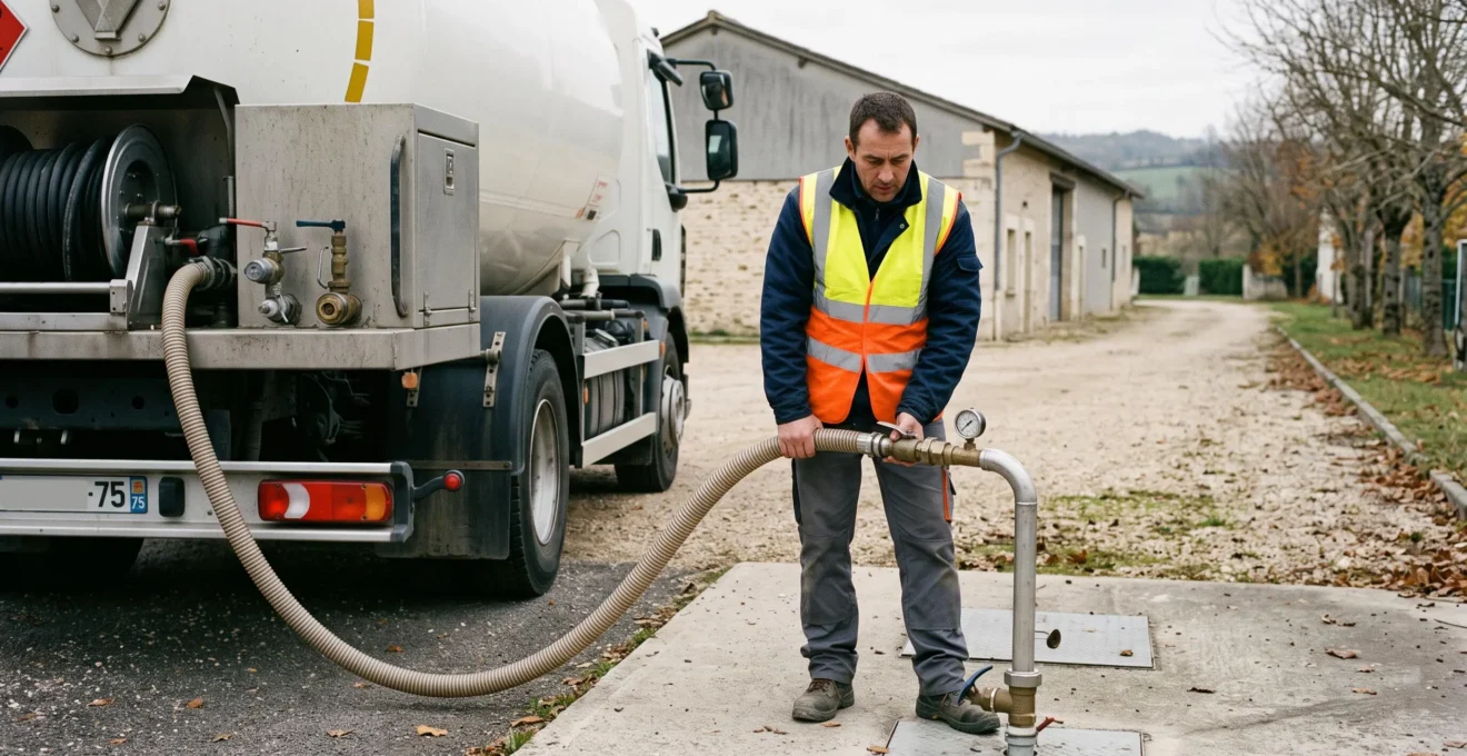 Technicien en gilet de sécurité effectuant une livraison de gaz propane depuis un camion-citerne vers une installation au sol